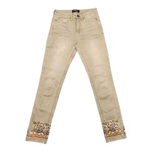 Desigual Exotic Jeans Tan Cropped Jeans with Ankle Embroidery & Zippers NWOT